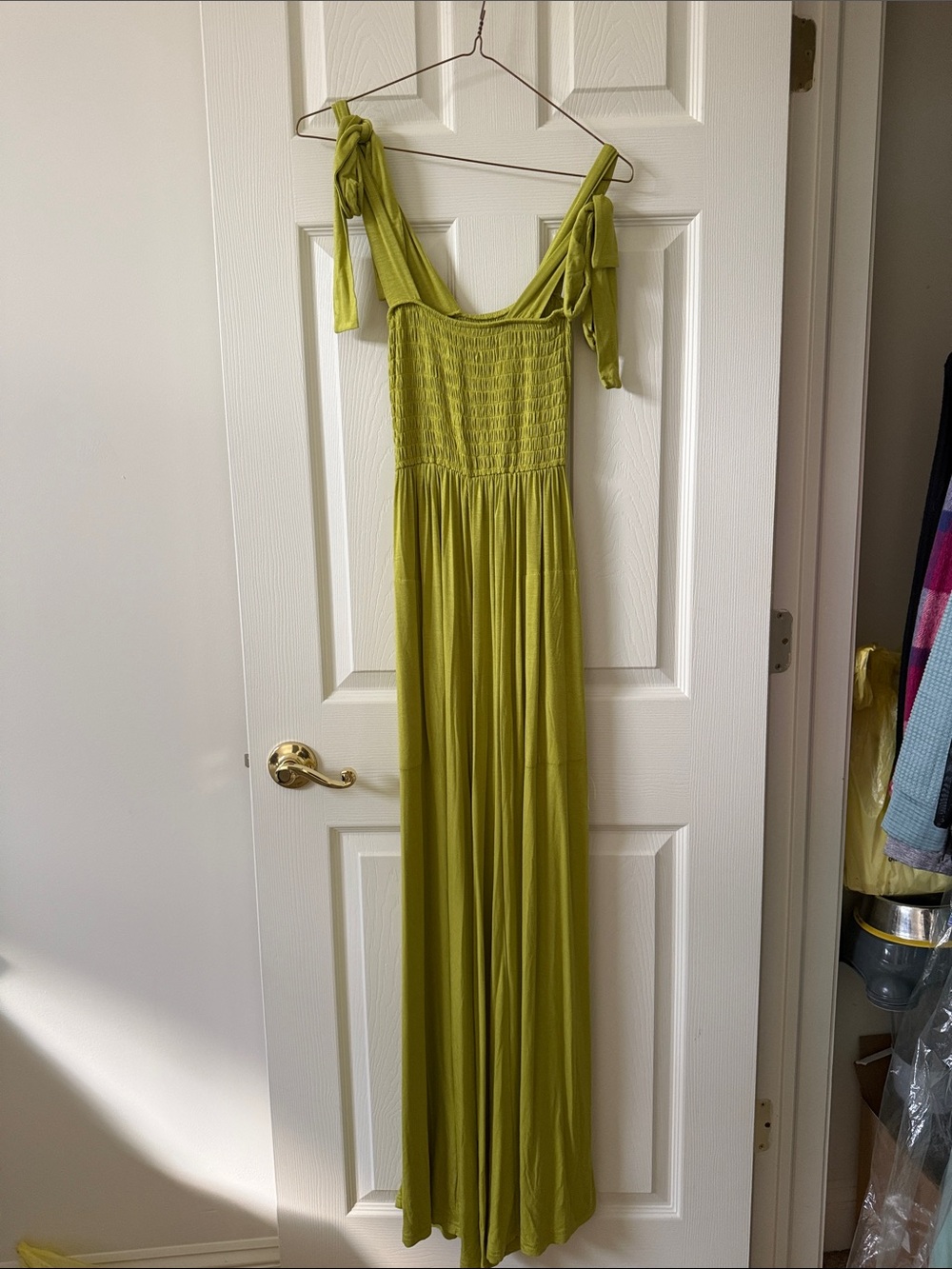 Smocked Tie-Shoulder jumpsuit in CHARTREUSE